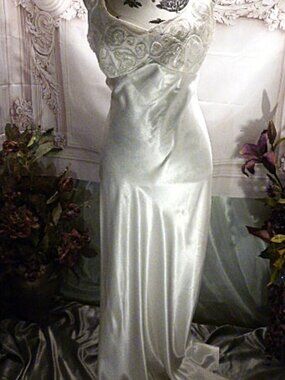 Bari-Jay satin ivory embroidered formal gown
